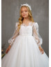 Long Sleeves Ivory Sequined Lace Tulle Flower Girl Dress With Ruffled Hem